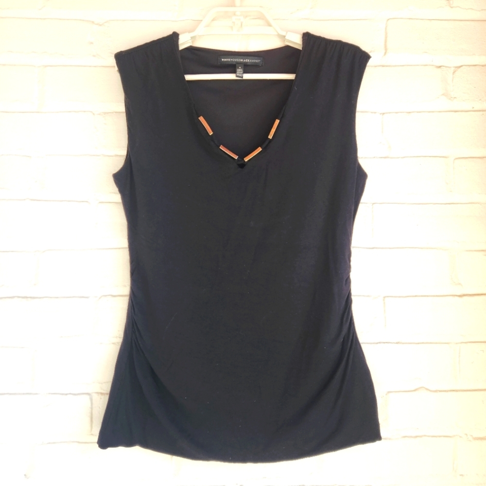 White House Black Market WHBM Black V Neck Sleeveless Top Silver Side Ruching S